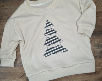 Green Plaid Christmas Tree Sweatshirt | Waffle Knit Holiday Pullover | Kids & Adult Matching Christmas Outfit | Cozy Winter Top