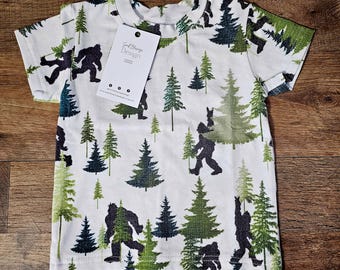 Handmade tee shirt for kids, bigfoot shirt, nature print, outdoors, children's shirt, kids tee shirt, comfortable kids clothes, short sleeve