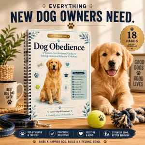 Peut inclure: Un guide à reliure spirale intitulé Dog Obedience: A Modern, Vet-Reviewed Guide to Solving Common Behavior Problems. La couverture présente un golden retriever, des icônes et une liste de sujets comme le mordillage, les aboiements et la mastication. 18 pages.