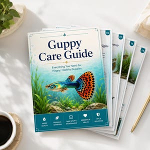 May include: A Guppy Care Guide booklet featuring a colorful guppy fish swimming in an aquarium with green plants. The cover includes the text Guppy Care Guide, Everything You Need for Happy, Healthy Guppies, and icons for water quality, feeding, tank setup, breeding, and tips.