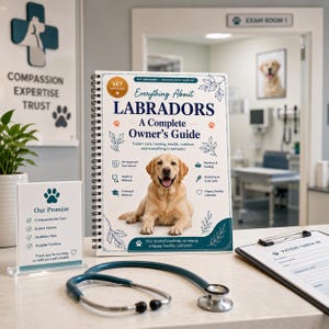 Könnte beinhalten: Ein spiralgebundenes Buch mit dem Titel Everything About LABRADORS A Complete Owner's Guide mit einem gelben Labrador Retriever, Symbolen für Pflege, Gesundheit, Training, Ernährung und Fellpflege, neben einem Stethoskop und einem Formular.