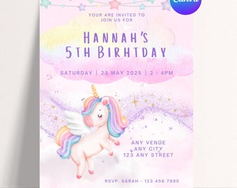 May include: A pink birthday invitation with a watercolor unicorn illustration. The invitation includes text that reads "Hannah's 5th Birthday" and event details. The design features pastel colors and star decorations.