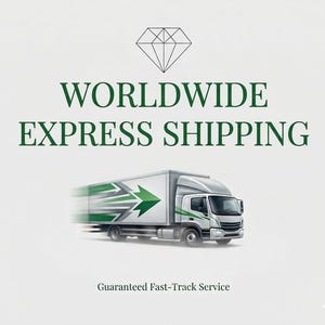 May include: Image features a white delivery truck with a green arrow design, conveying speed. The text "WORLDWIDE EXPRESS SHIPPING" is displayed in green, along with a diamond graphic. The phrase "Guaranteed Fast-Track Service" is also present.