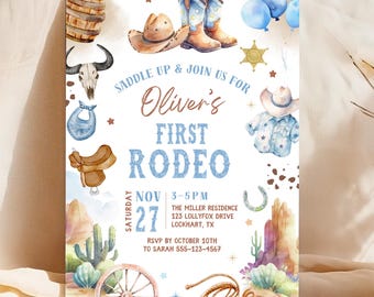 Editable First Rodeo Invitation for Boy Cowboy My 1st Rodeo Invite Western Theme Boy First Birthday Invite Printable Canva Download FR02
