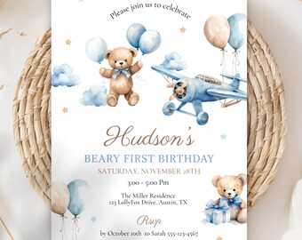 Editable Blue Beary First Birthday Invitation for Boy Blue Bear 1st Birthday Invite Blue Boy 1st Birthday Invite Bear Theme Canva TB07