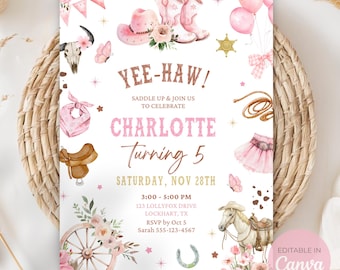 Editable Cowgirl Birthday Invitation Western Invitation for Girl Cowgirl Party Invite Pink Rodeo Birthday Theme Canva Digital Download FR01