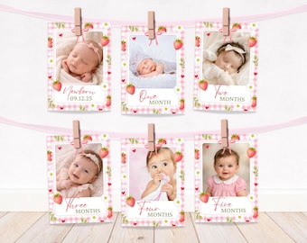 Beere Erster Geburtstag Fotobanner, Mädchen Erdbeer Party Dekor, bearbeitbare monatliche Meilensteinkarten, BF02