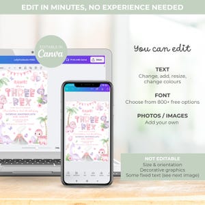 May include: A laptop and smartphone displaying a customizable birthday invitation template. The invitation features a dinosaur theme with the text "RAWR! THREE-REX". The design includes palm trees, volcanoes, and butterflies. The text "EDIT IN MINUTES, NO EXPERIENCE NEEDED" is at the top.