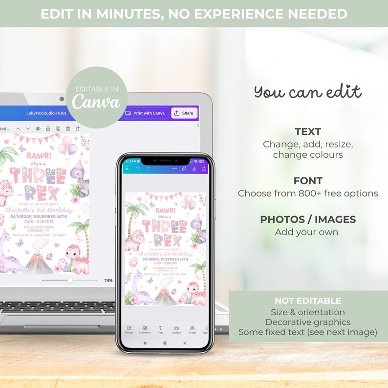 May include: A laptop and smartphone displaying a customizable birthday invitation template. The invitation features a dinosaur theme with the text "RAWR! THREE-REX". The design includes palm trees, volcanoes, and butterflies. The text "EDIT IN MINUTES, NO EXPERIENCE NEEDED" is at the top.