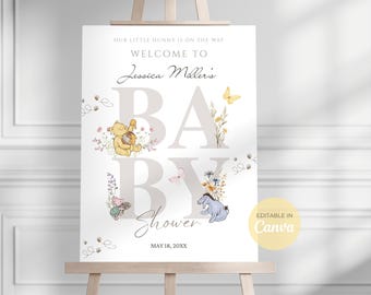 Klassisches Winnie the Pooh Babyparty Willkommensschild, Geschlechtsneutrales, bearbeitbares Partydekor Whg