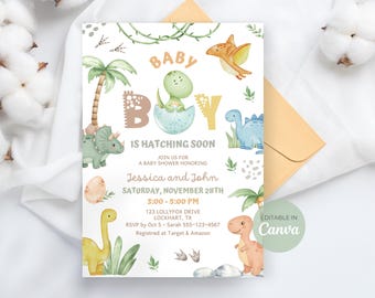Dinosaur Baby Shower Invitation Baby Boy Hatching Soon It's a Boy Dinosaur Baby Shower Invitation Little Dino Party Editable Canva DB01