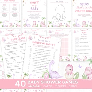 Pacchetto di giochi modificabili per baby shower con dinosauri per bambine, set di giochi stampabili con schiusa imminente, Canva DB02