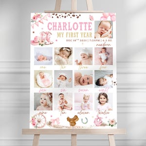 May include: A white milestone poster titled Charlotte My First Year with the date 18th Dec 2025 and 7:25PM. It features twelve square photos of a baby, pink floral accents, cowboy boots, a hat, a saddle, and a wagon wheel illustration.