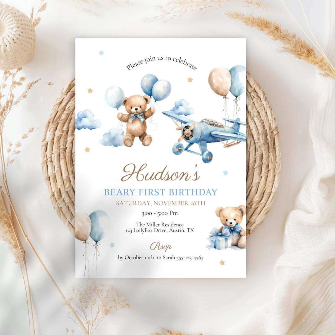 Editable Blue Beary First Birthday Invitation for Boy Blue Bear 1st ...