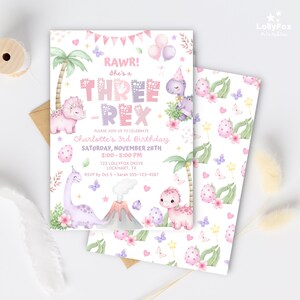 May include: A birthday invitation with a dinosaur theme. The invitation features the text "THREE-REX" and "Charlotte's 3rd Birthday". The design includes illustrations of dinosaurs, eggs, palm trees, and butterflies in pastel colors.