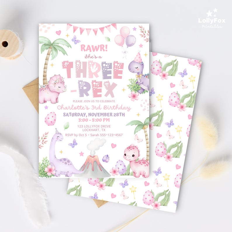 May include: A birthday invitation with a dinosaur theme. The invitation features the text "THREE-REX" and "Charlotte's 3rd Birthday". The design includes illustrations of dinosaurs, eggs, palm trees, and butterflies in pastel colors.