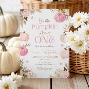 Girl Little Pumpkin 1st Birthday Invitation, Boho Floral Pink Fall Party, Editable Canva LP01