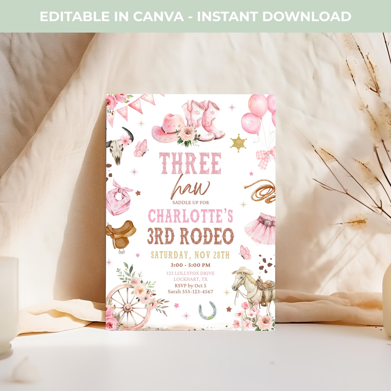 Editable 3rd Rodeo Invitation for Girl Cowgirl Birthday Invite Three ...