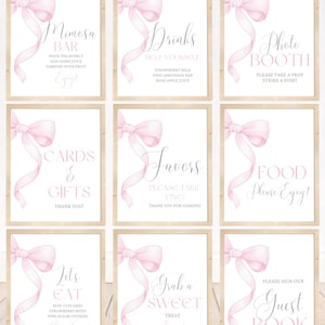 Letreros de mesa editables con lazo coqueto, decoración de fiesta con cinta rosa, cumpleaños, tarjetas de regalo PB01