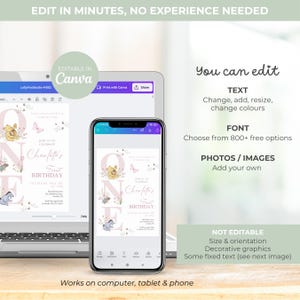 May include: A laptop and smartphone display a customizable first birthday invitation. The invitation features a soft pink color scheme with floral and Winnie the Pooh-themed graphics. Text on the invitation reads "Charlotte's First Birthday". The image also includes text: "Edit in minutes, no experience needed."