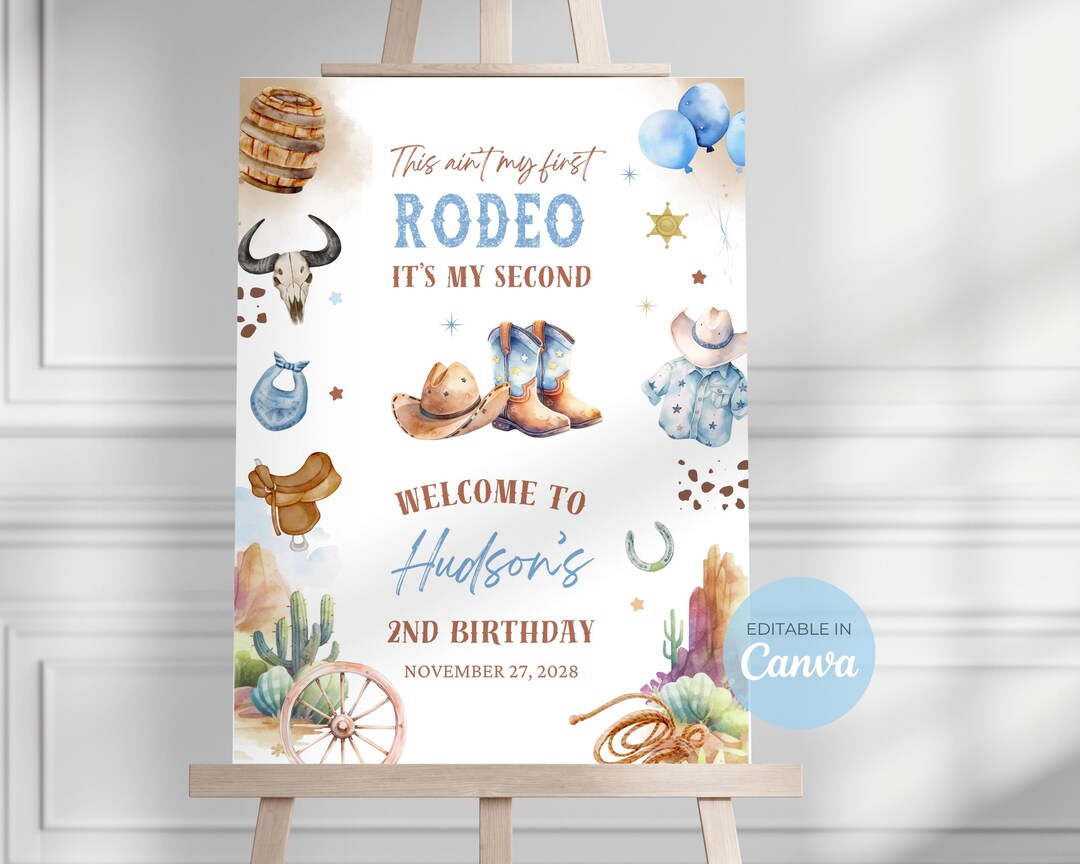 Editable Boy Second Rodeo Welcome Sign Cowboy Birthday Welcome Sign My ...