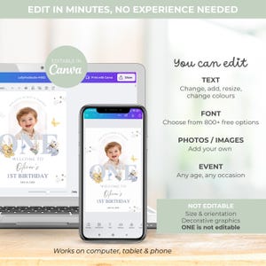 May include: A digital design template for a first birthday party invitation, displayed on a laptop and smartphone. The design features a photo of a baby, the word "ONE", and the text "Welcome to Oliver's 1st Birthday". The template is editable in Canva.