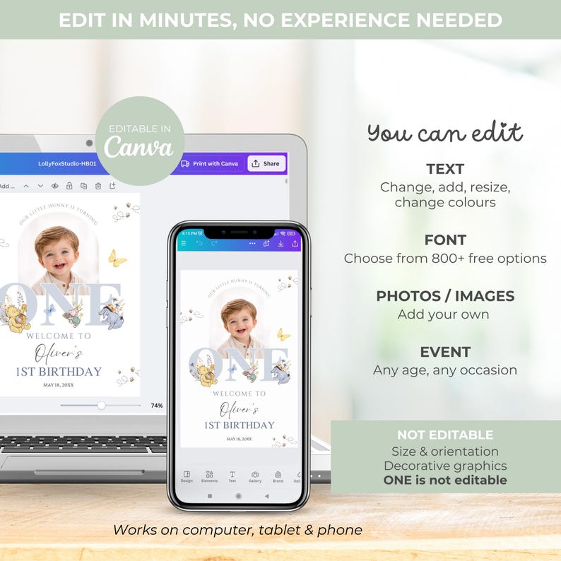 May include: A digital design template for a first birthday party invitation, displayed on a laptop and smartphone. The design features a photo of a baby, the word "ONE", and the text "Welcome to Oliver's 1st Birthday". The template is editable in Canva.