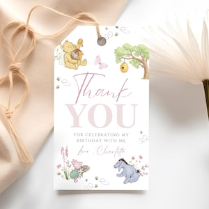 Girl Classic Winnie the Pooh Birthday Favor Tag, Editable Thank You Tag, Pink Label WP03