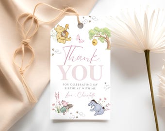 Girl Classic Winnie the Pooh Birthday Favor Tag, Editable Thank You Tag, Pink Label WP03
