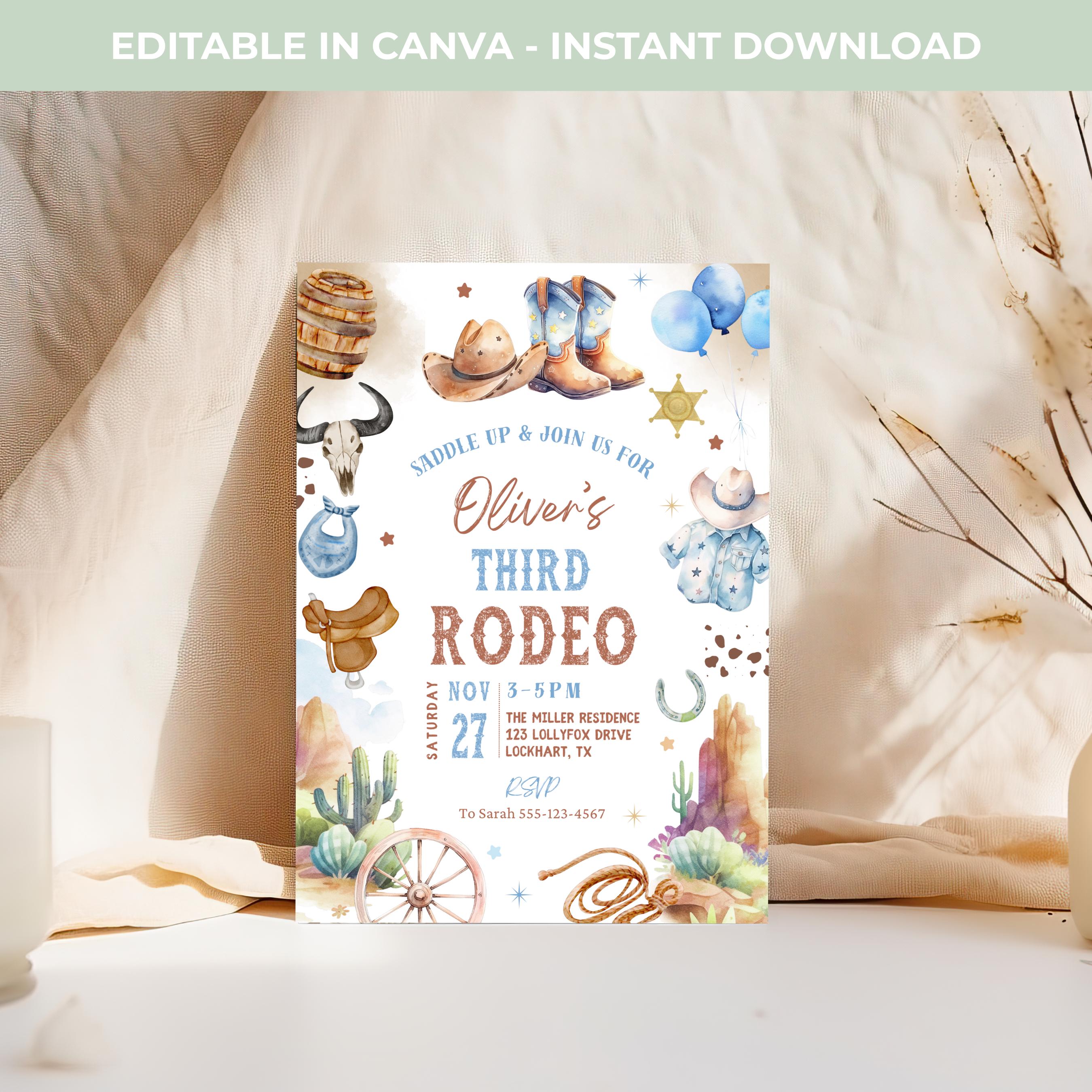 3rd Rodeo Invitation for Boy, Blue Cowboy Western Birthday Theme ...