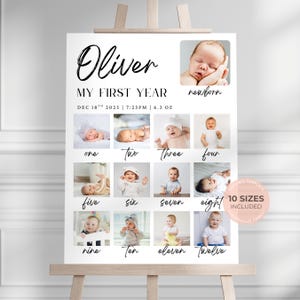 Puede incluir: Un póster blanco sobre un caballete que muestra los hitos del primer año de un bebé. El póster incluye una foto del bebé recién nacido y fotos de cada mes, etiquetadas de "uno" a "doce". El nombre del bebé, "Oliver", está en la parte superior.