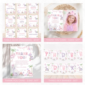 Puede incluir: Una colecci&oacute;n de papeler&iacute;a para fiestas con tem&aacute;tica de dinosaurios que incluye nueve letreros de mesa de 20x25 cm, tarjetas de agradecimiento de 9x13 cm y 13x18 cm con ilustraciones rosas y moradas, y un bander&iacute;n THREE REX.