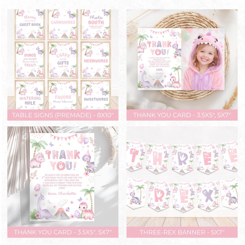Puede incluir: Una colecci&oacute;n de papeler&iacute;a para fiestas con tem&aacute;tica de dinosaurios que incluye nueve letreros de mesa de 20x25 cm, tarjetas de agradecimiento de 9x13 cm y 13x18 cm con ilustraciones rosas y moradas, y un bander&iacute;n THREE REX.