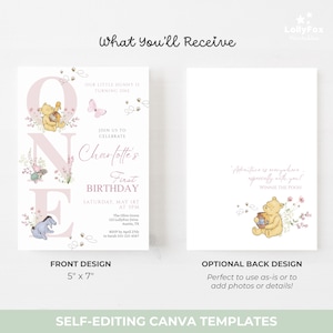May include: A set of Winnie the Pooh themed birthday party invitations. The front design features the word "ONE" with illustrations of Pooh, Piglet, and Eeyore. The invitation is 5" x 7". The back design has a quote.