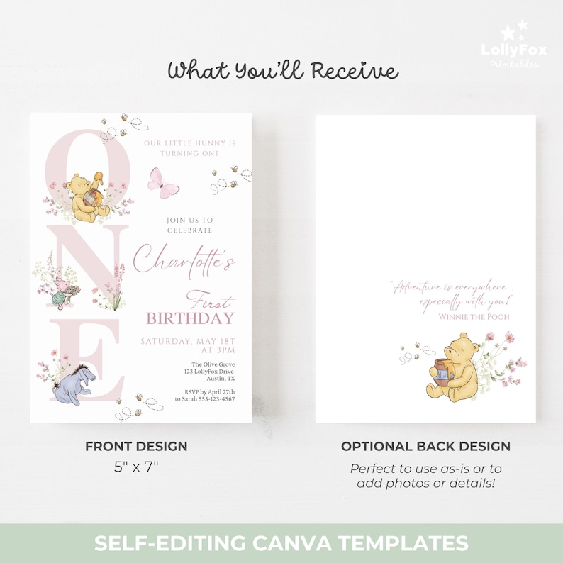 May include: A set of Winnie the Pooh themed birthday party invitations. The front design features the word "ONE" with illustrations of Pooh, Piglet, and Eeyore. The invitation is 5" x 7". The back design has a quote.