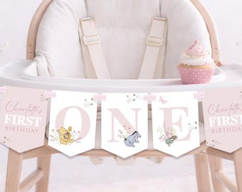 Classic Winnie the Pooh High Chair One Banner, Girl Party Decor, Editable Bunting Flags WP03