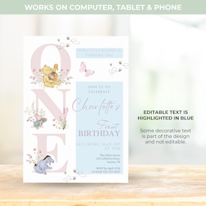 May include: A custom birthday invitation featuring Winnie the Pooh characters. The design includes the text "OUR LITTLE HUNNY IS TURNING ONE" and "Charlotte's First Birthday". The invitation is decorated with floral and bee illustrations.