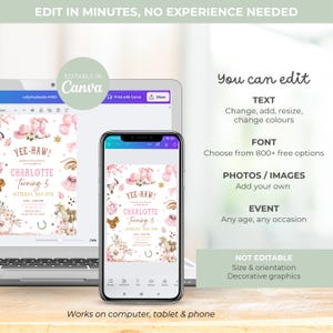 Puede incluir: Un port&aacute;til y un smartphone muestran un dise&ntilde;o de invitaci&oacute;n personalizable con tem&aacute;tica de vaquero. La invitaci&oacute;n presenta el texto "Yee-Haw! Charlotte Turning 5" con gr&aacute;ficos decorativos. La imagen tambi&eacute;n incluye el texto "Edit in minutes, no experience needed."
