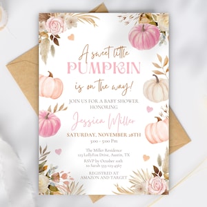 May include: A rectangular baby shower invitation card featuring watercolour illustrations of pink and cream pumpkins, dried pampas grass, and roses. The text reads: A sweet little PUMPKIN is on the way! JOIN US FOR A BABY SHOWER HONORING Jessica Miller.