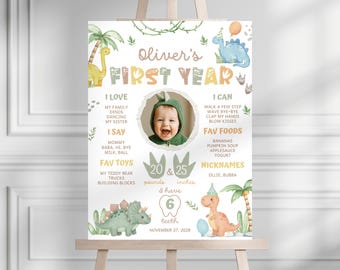 Dinosaur Photo Milestone Sign, First Year Stats Poster, Printable 1st Birthday Party Decor DB01