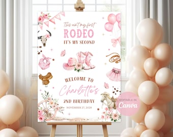 Editable Girl Second Rodeo Welcome Sign Cowgirl Birthday Welcome Sign My 2nd Rodeo Sign Western Birthday Party Decor Canva Download FR01
