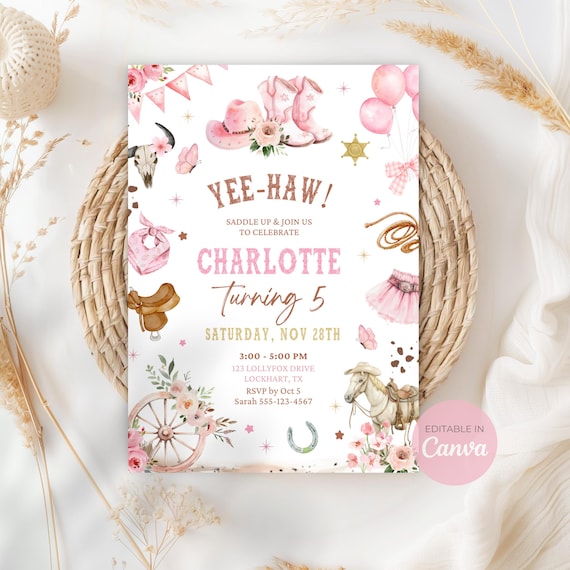 Editable Cowgirl Birthday Invitation Western Invitation for Girl Cowgirl Party Invite Pink Rodeo Birthday Theme Canva Digital Download FR01