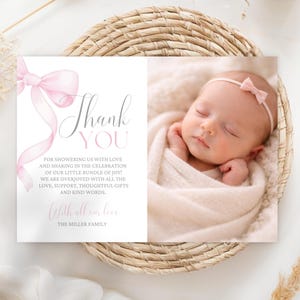 Tackkort med foto med rosett och kokett, babyshower med rosa band och flicka, redigerbar canvas PB01