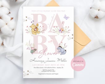 Pink Winnie the Pooh Baby Shower Invitation, Girl Little Hunny, Classic Design, Editable Canva WP03