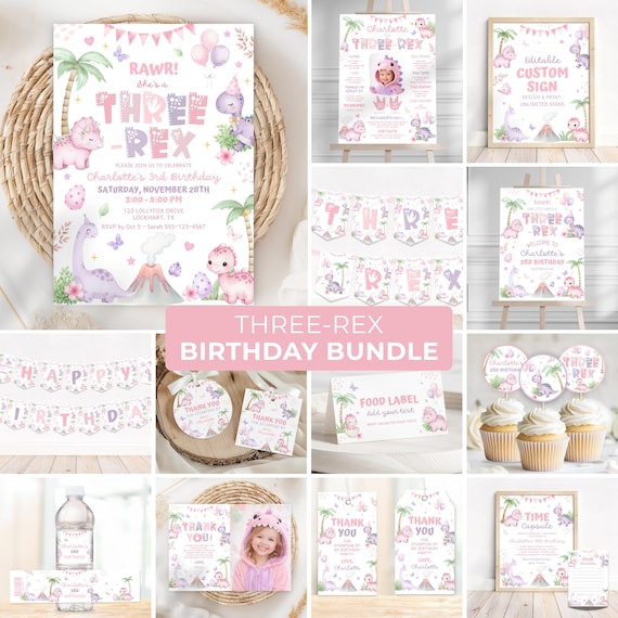 Three-Rex Invitation Bundle, Dinosaur Girl 3rd Birthday Dino Party Set, Editable Canva Decor DB02