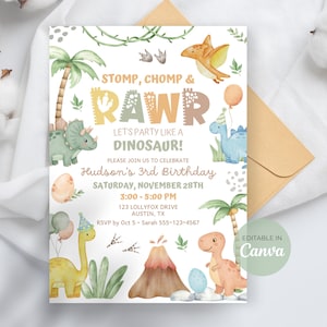 May include: A watercolor dinosaur-themed birthday invitation with the text "STOMP, CHOMP & RAWR". The invitation includes illustrations of dinosaurs, palm trees, and a volcano. The invitation is for Hudson's 3rd birthday, with date, time, and location details.