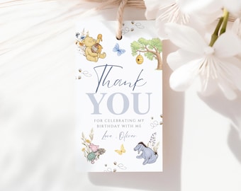 Etichetta per bomboniera di compleanno Winnie the Pooh classica per bambini, etichetta di ringraziamento modificabile, etichetta blu WP04