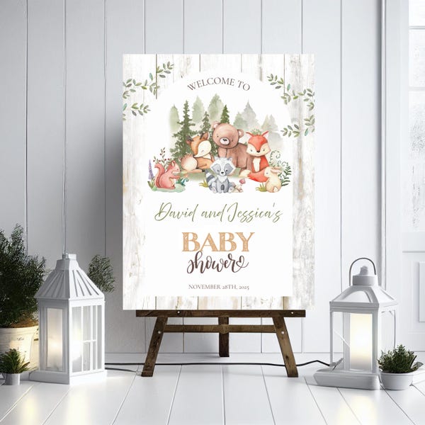 Woodland Baby Shower Welcome Sign, Forest Animals, Printable Gender Neutral Poster, Editable Canva WL01