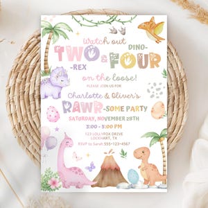 May include: A pastel-colored dinosaur-themed invitation with the text "Watch out TWO & FOUR -REX on the loose!" and "RAWR -SOME PARTY". The invitation includes illustrations of dinosaurs, palm trees, and eggs. The party is for Charlotte & Oliver.