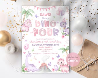 Convite de aniversário para meninas Dino-Four editável convite de aniversário de 4 anos de dinossauro para menina festa de dinossauro rosa convite de festa Rawr Canva download DB02